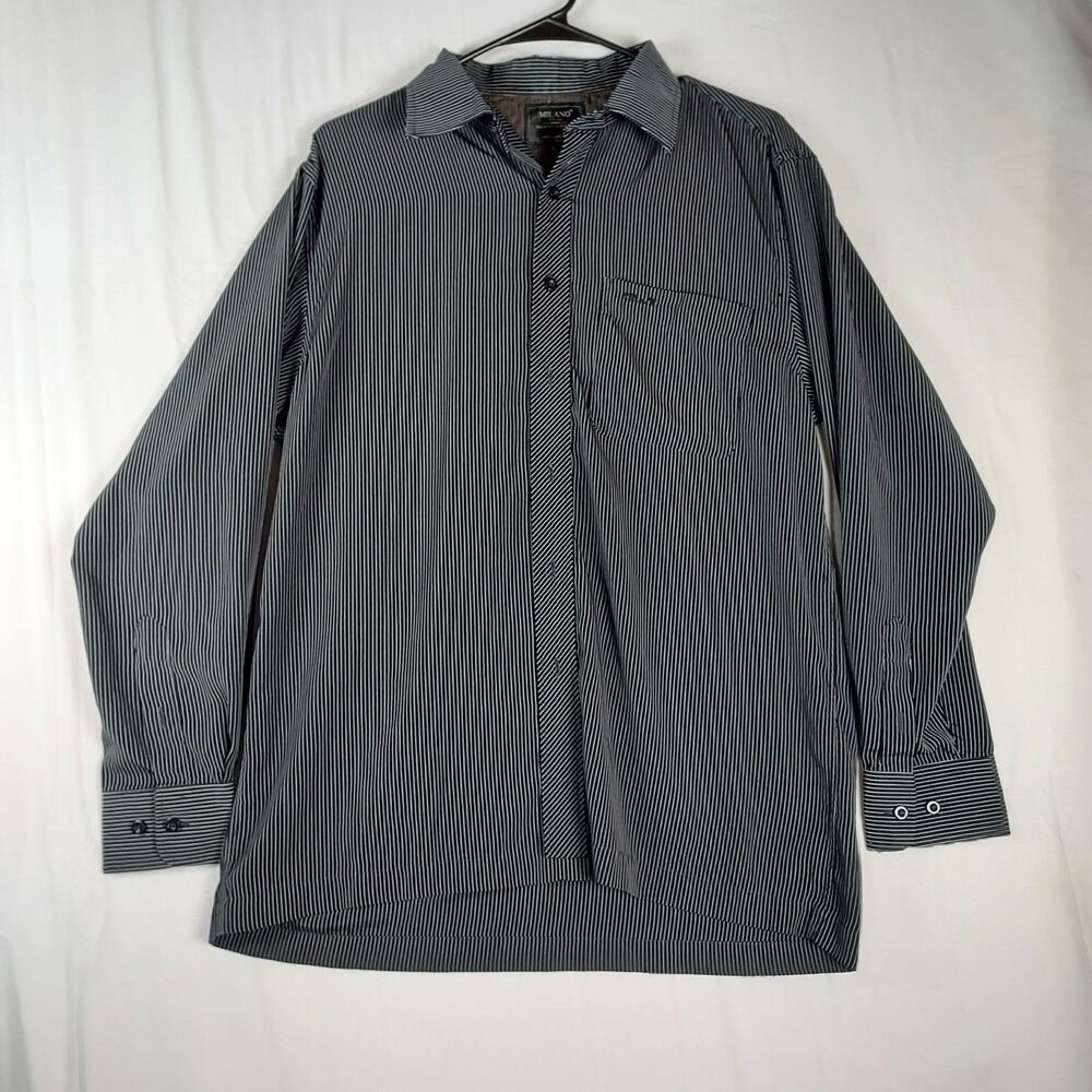 Milano Italia L Black White Striped Dress Shirt Men’s Regular Fit Long Sleeve